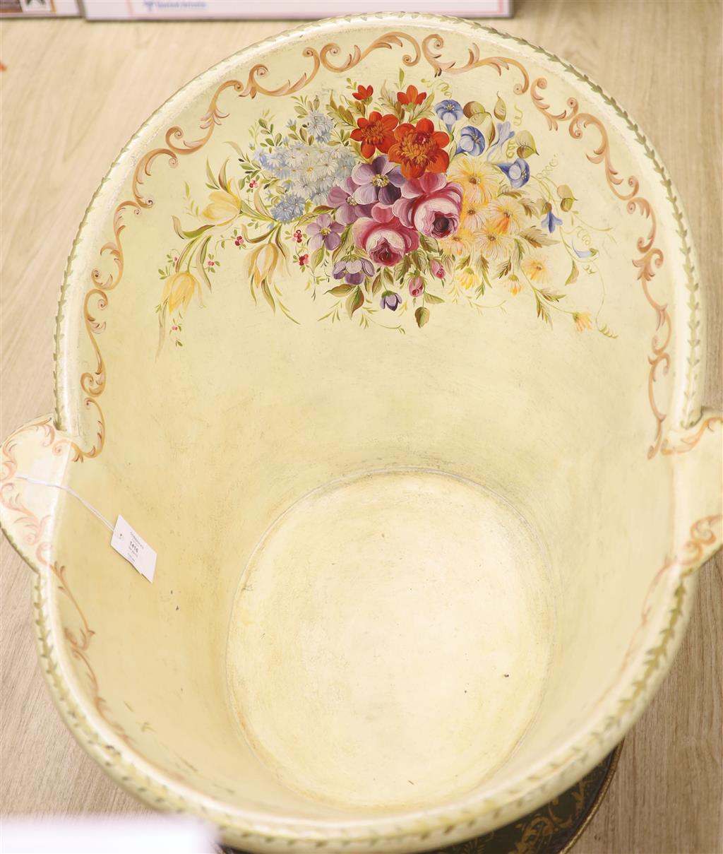 A Victorian painted toleware hip bath, length 84cm